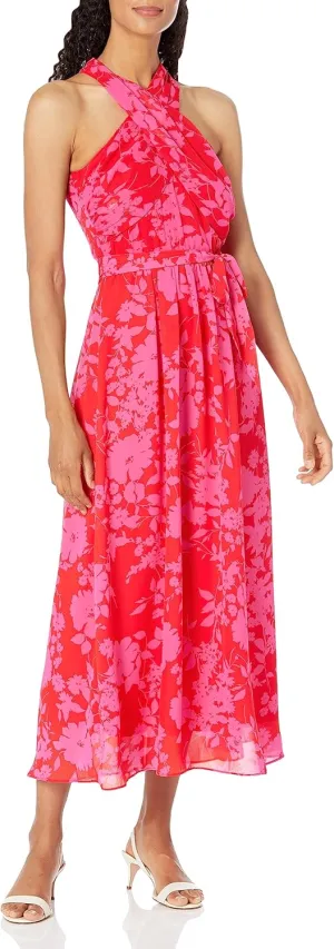 London Times Women's Twist Neck Feminine Chiffon Halter Maxi Dress Occasion Guest of Mother of The Bride