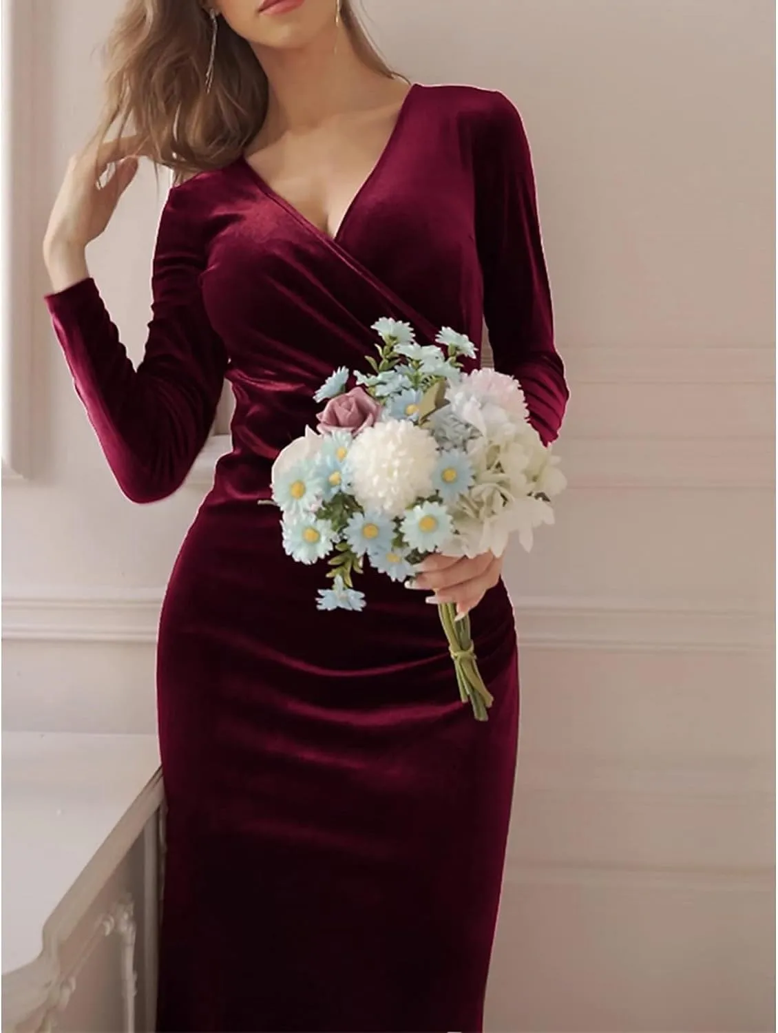 Long Sleeve Velvet Dress for Women Winter Wedding Guest Dress Black Green Maxi Fall Bridesmaid Dresses