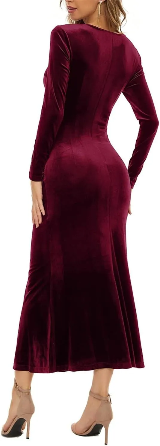 Long Sleeve Velvet Dress for Women Winter Wedding Guest Dress Black Green Maxi Fall Bridesmaid Dresses
