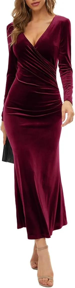 Long Sleeve Velvet Dress for Women Winter Wedding Guest Dress Black Green Maxi Fall Bridesmaid Dresses