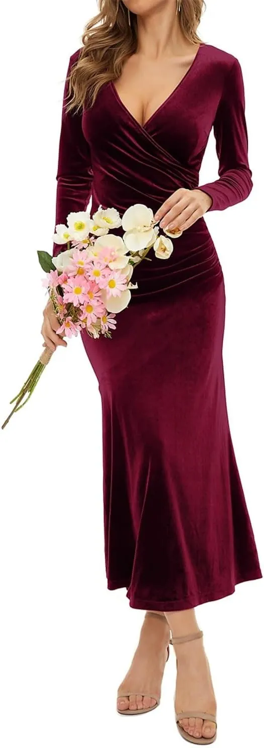 Long Sleeve Velvet Dress for Women Winter Wedding Guest Dress Black Green Maxi Fall Bridesmaid Dresses