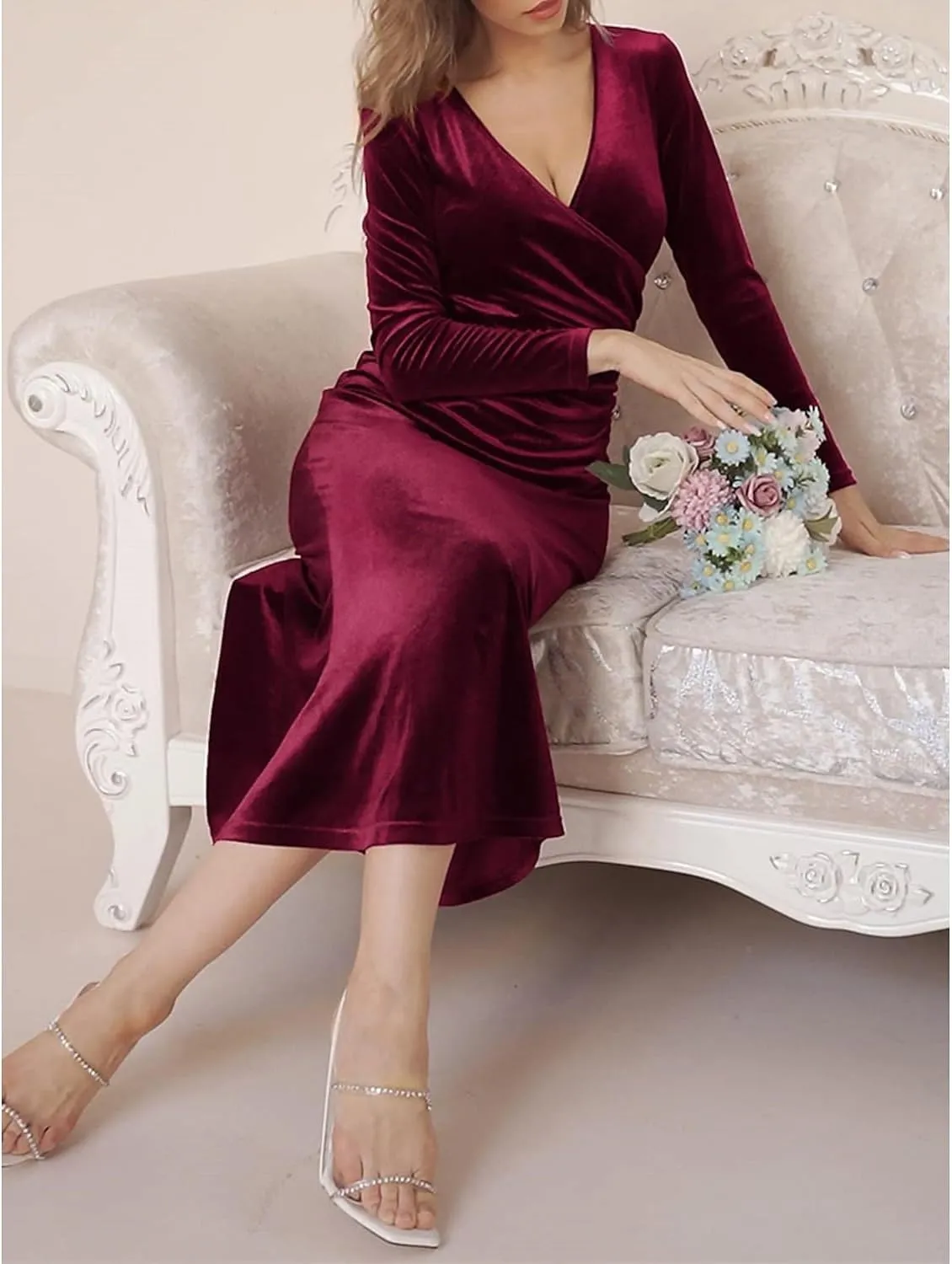 Long Sleeve Velvet Dress for Women Winter Wedding Guest Dress Black Green Maxi Fall Bridesmaid Dresses