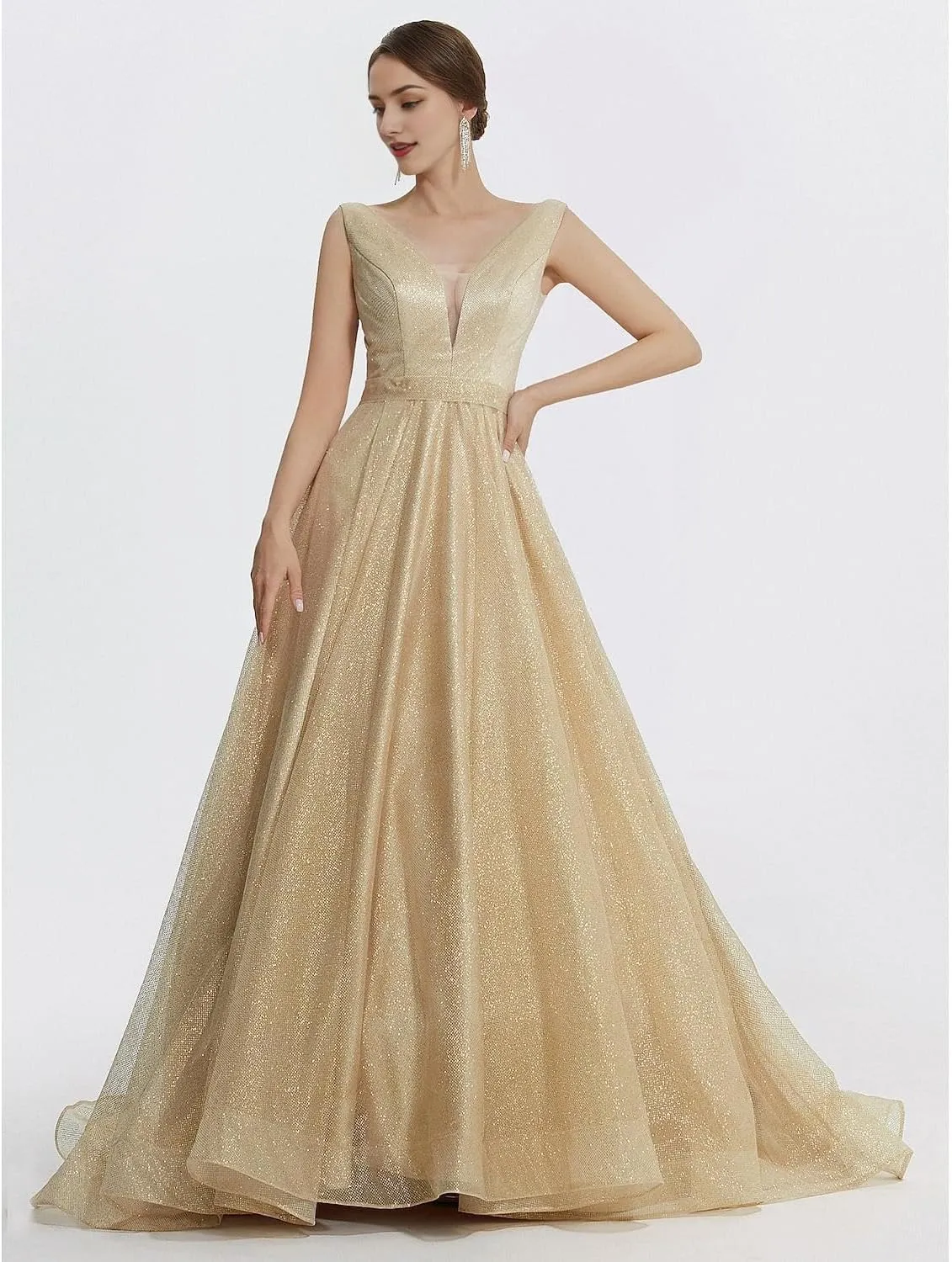 Long Sparkle Wedding Guest Dresses for Women Floor Length Sleeveless Sequined Slit Ball Gown Prom Dresses