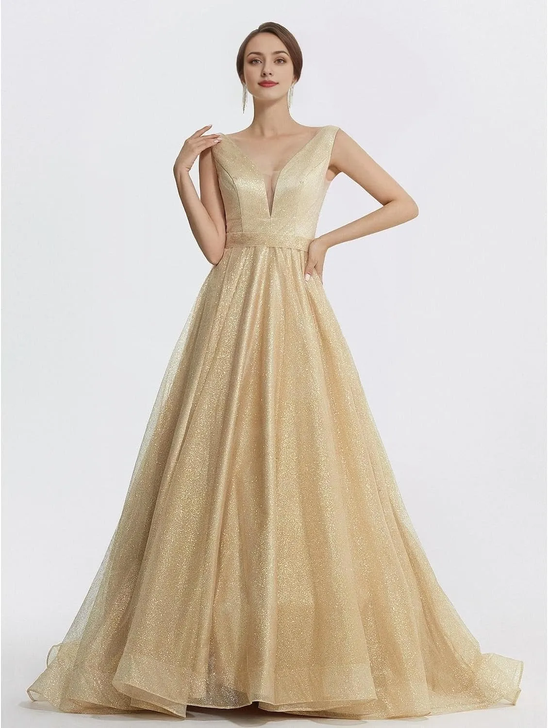 Long Sparkle Wedding Guest Dresses for Women Floor Length Sleeveless Sequined Slit Ball Gown Prom Dresses