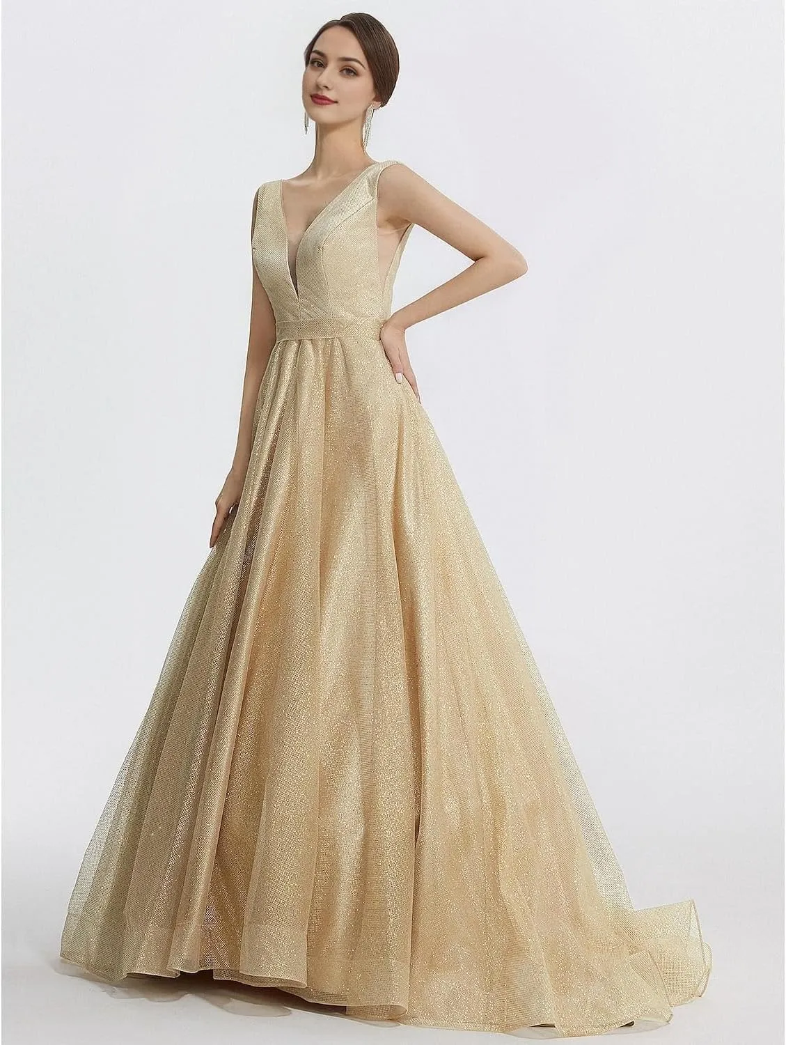 Long Sparkle Wedding Guest Dresses for Women Floor Length Sleeveless Sequined Slit Ball Gown Prom Dresses