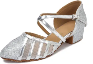 Low Heel Ballroom Dance Shoes Women Latin Salsa Wedding Practice Dancing Shoes Sparkle Comfortable Closed Toe Dance Heels 1.5inch