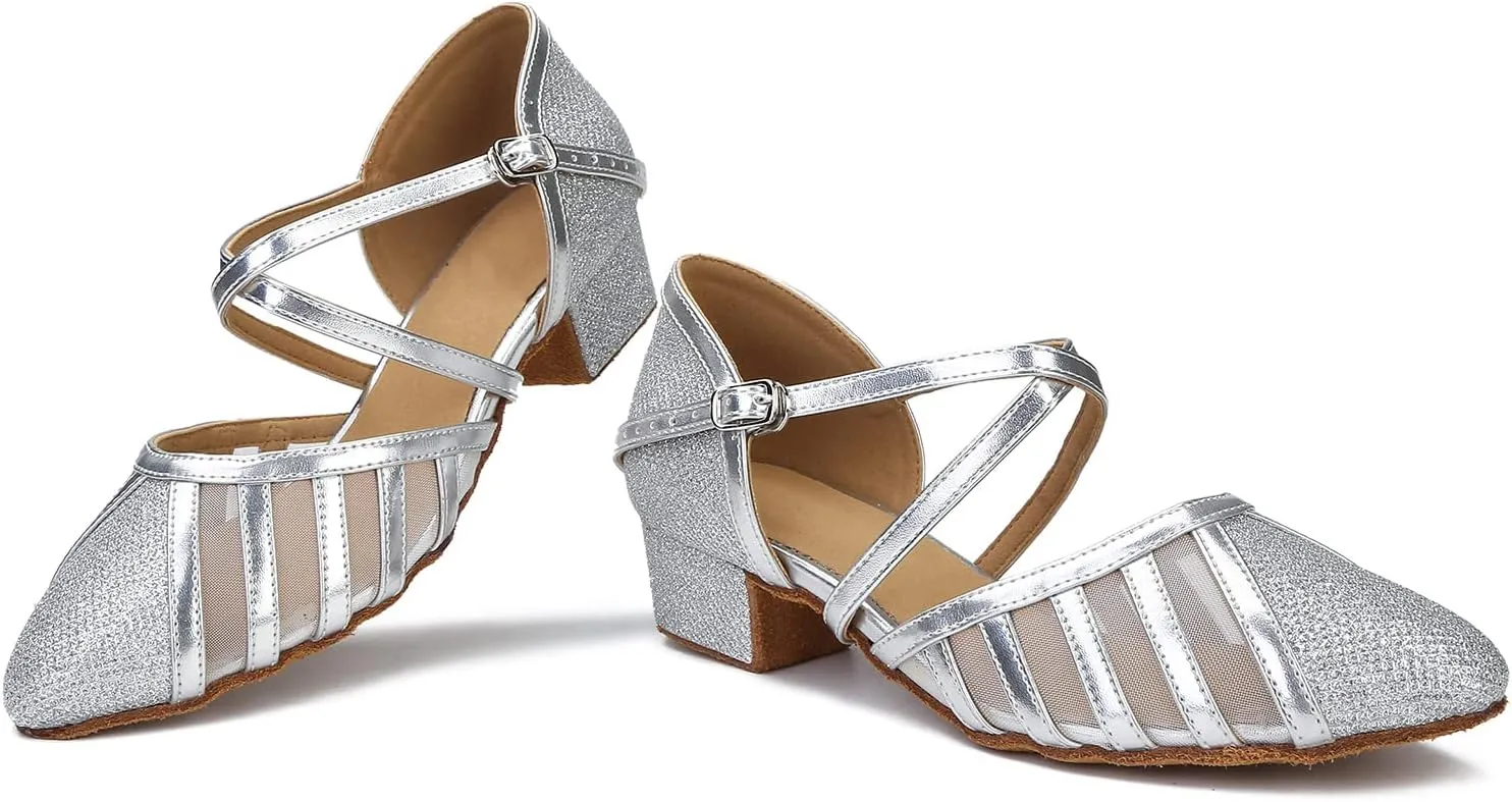 Low Heel Ballroom Dance Shoes Women Latin Salsa Wedding Practice Dancing Shoes Sparkle Comfortable Closed Toe Dance Heels 1.5inch