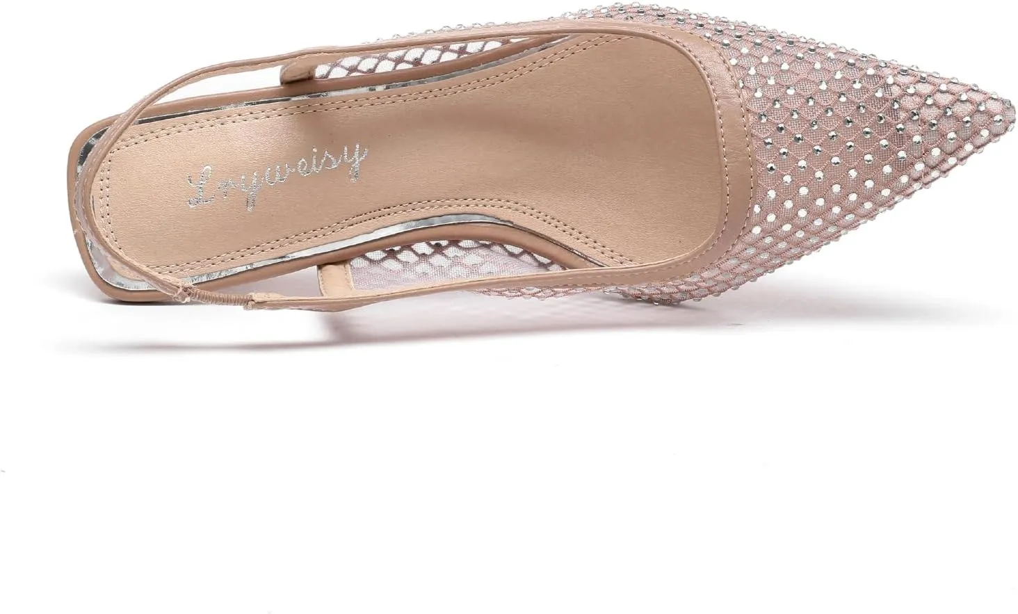 Lryweisy Mesh Heels for Women Glitter Kitten Heel with Rhinestone Slingback