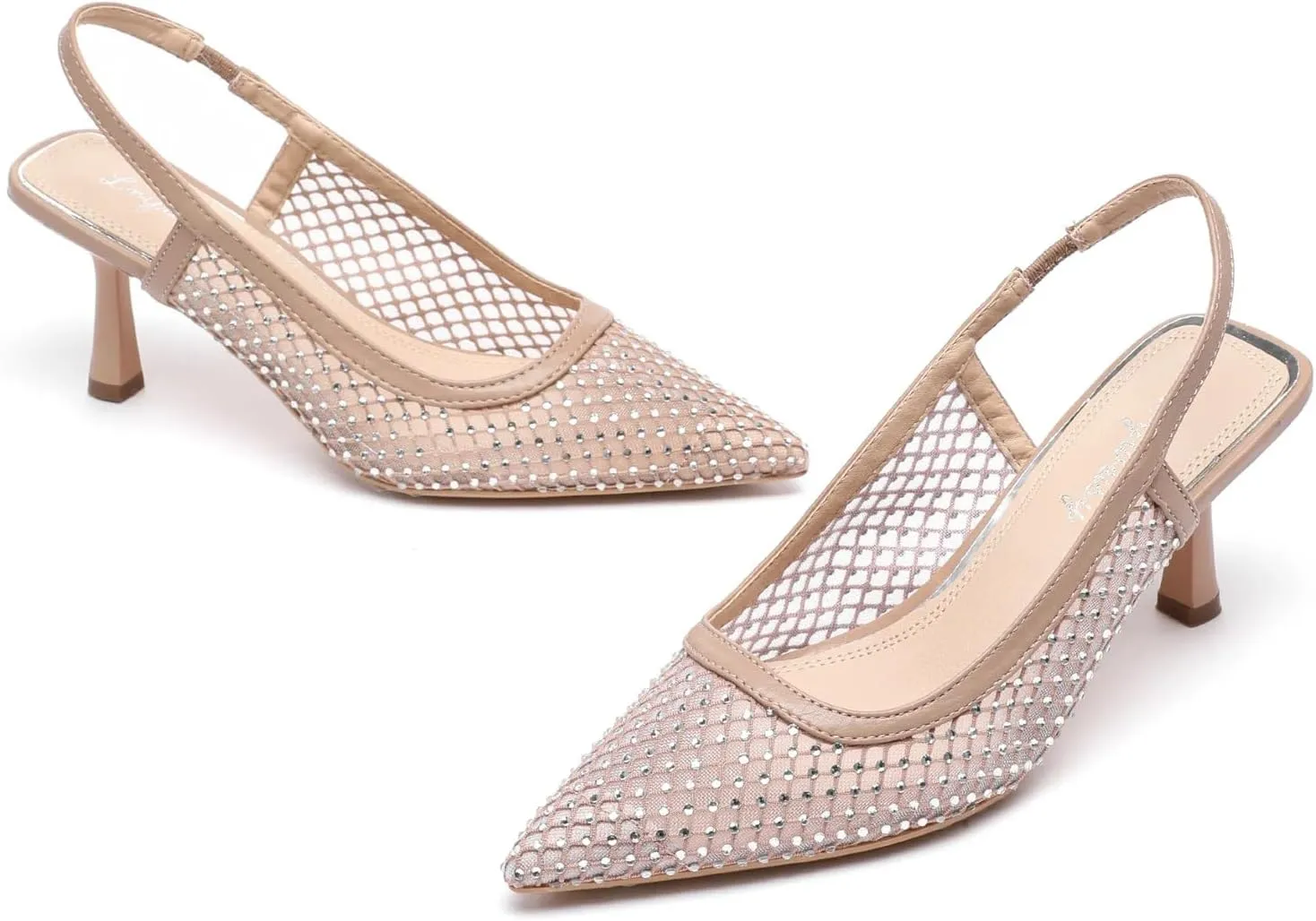 Lryweisy Mesh Heels for Women Glitter Kitten Heel with Rhinestone Slingback