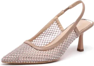 Lryweisy Mesh Heels for Women Glitter Kitten Heel with Rhinestone Slingback