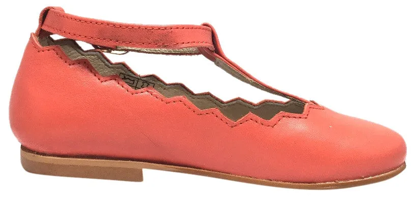 Luccini Coral Leather Zig Zag Edge Trim T-Strap Ankle Adjustable Buckle Mary Jane Flat