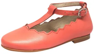 Luccini Coral Leather Zig Zag Edge Trim T-Strap Ankle Adjustable Buckle Mary Jane Flat