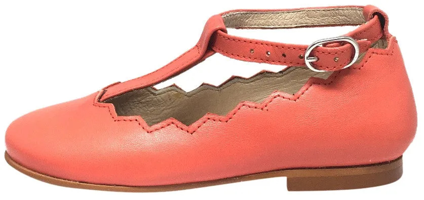 Luccini Coral Leather Zig Zag Edge Trim T-Strap Ankle Adjustable Buckle Mary Jane Flat