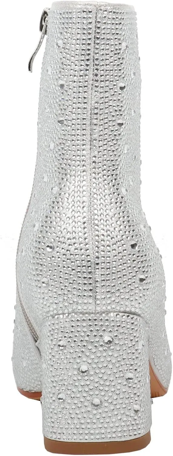 LUXMAX Women Glitter Ankle Boots Chunky Heel Square Closed Toe Sparkly Booties Block Heel Side Zip Winter Party Shoes