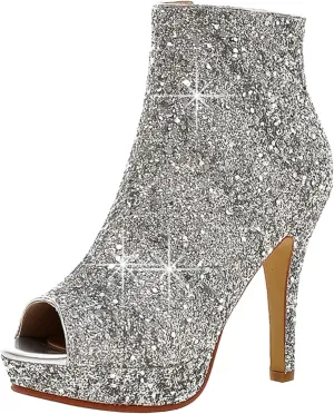 LUXMAX Women Glitter Ankle Boots Stiletto High Heel Pointed Toe Sparkly Boots Winter Wedding Shoes