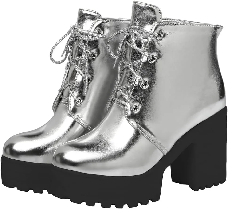 LUXMAX Women Platform Lace Up Ankle Boots Block High Heel Winter Booties