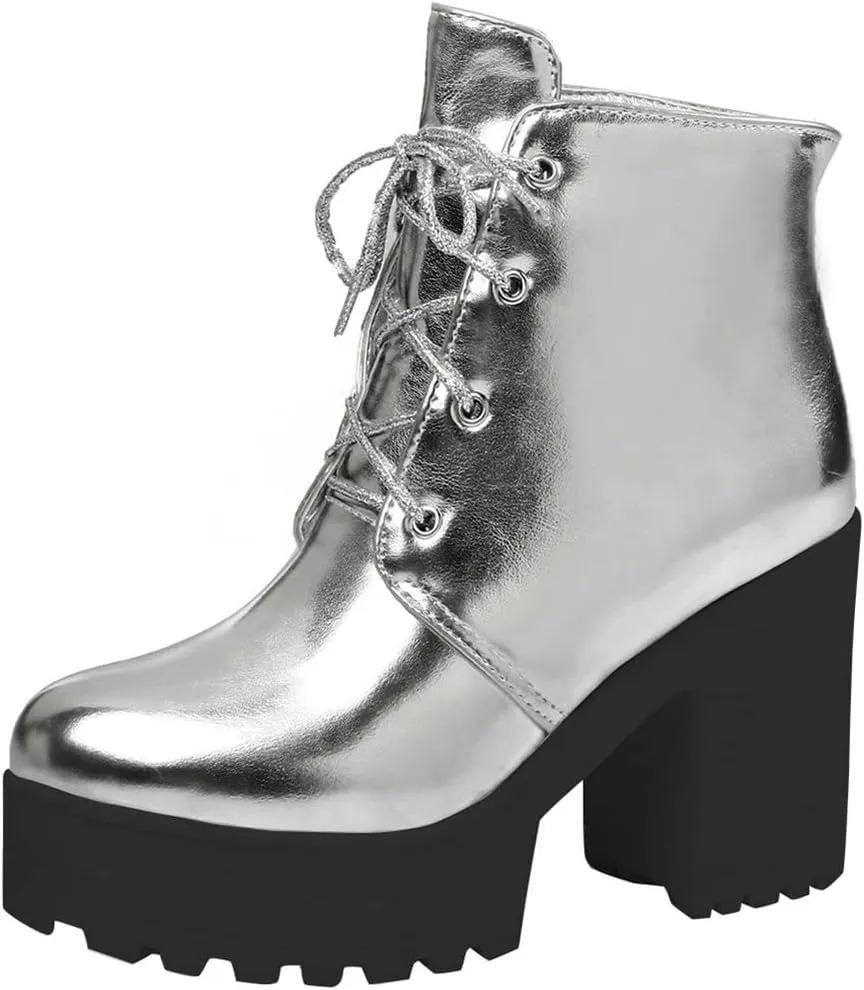 LUXMAX Women Platform Lace Up Ankle Boots Block High Heel Winter Booties