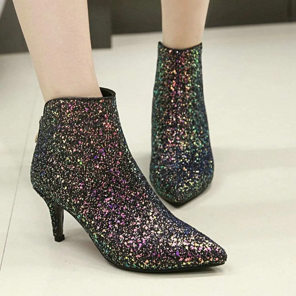 LUXMAX Womens Glitter Kitten Heel Boots Pointed Toe Zipper Ankle Booties