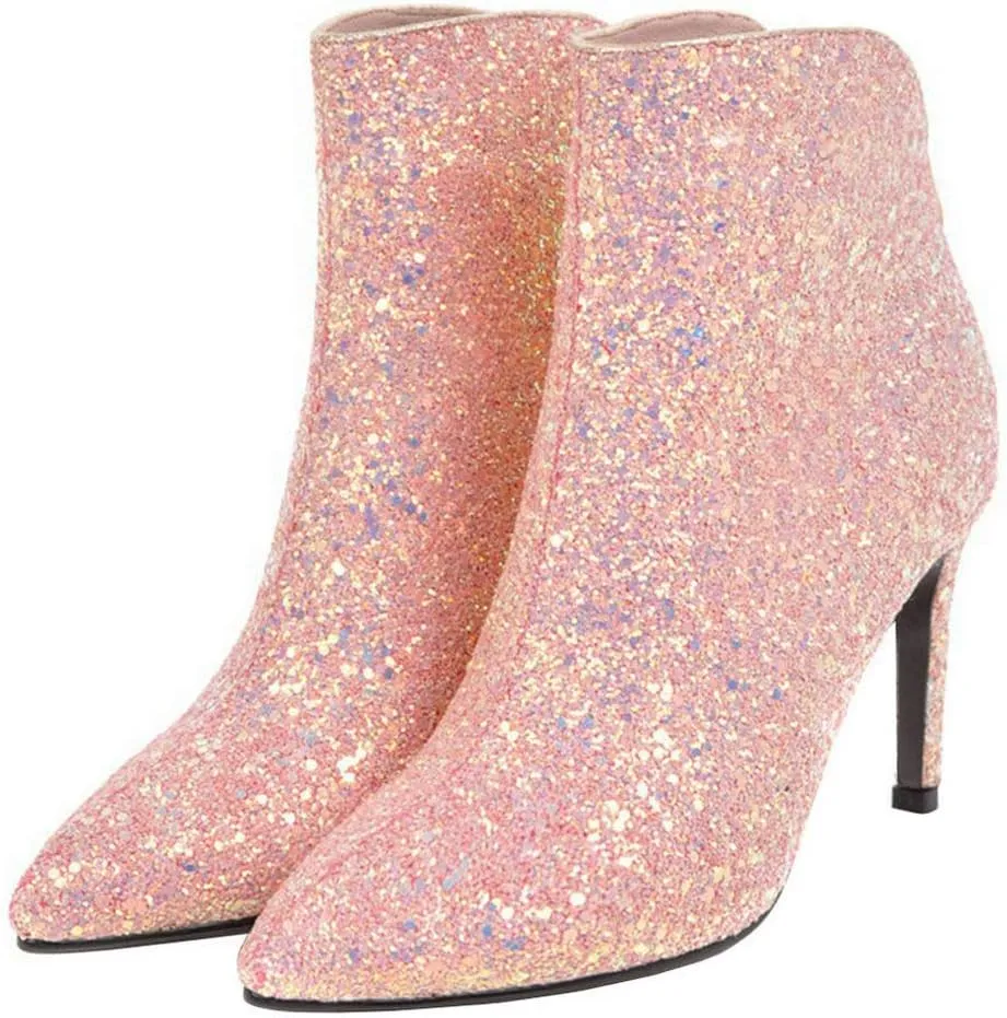 LUXMAX Womens Glitter Kitten Heel Boots Pointed Toe Zipper Ankle Booties