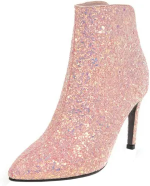 LUXMAX Womens Glitter Kitten Heel Boots Pointed Toe Zipper Ankle Booties