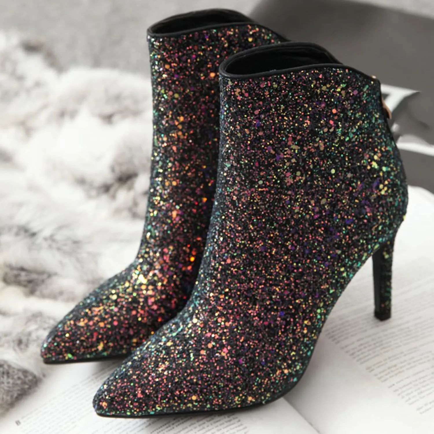 LUXMAX Womens Glitter Kitten Heel Boots Pointed Toe Zipper Ankle Booties