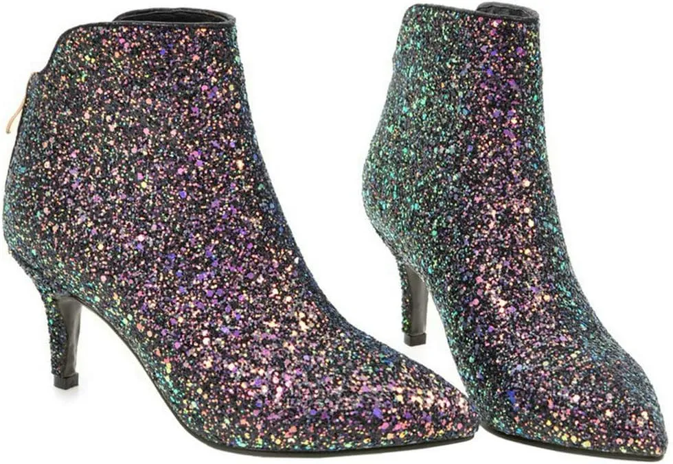 LUXMAX Womens Glitter Kitten Heel Boots Pointed Toe Zipper Ankle Booties