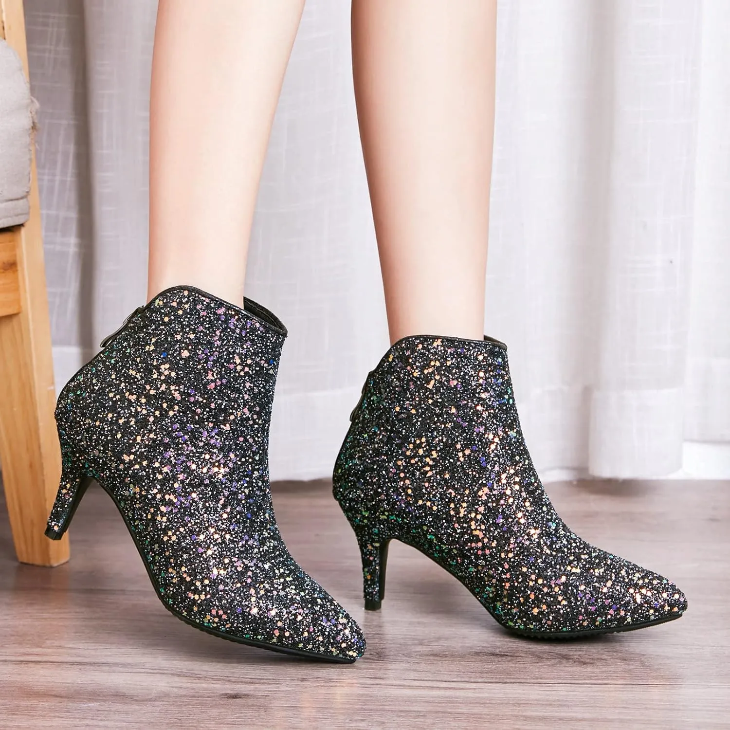 LUXMAX Womens Glitter Kitten Heel Boots Pointed Toe Zipper Ankle Booties