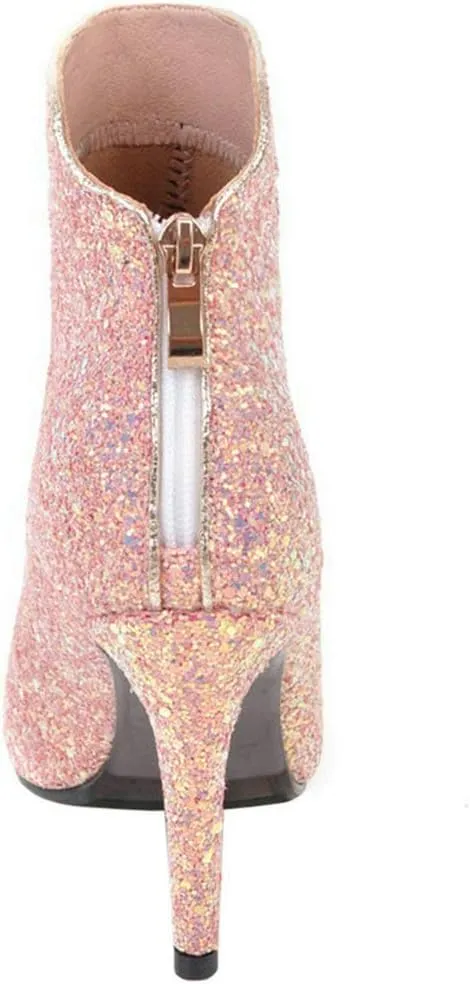 LUXMAX Womens Glitter Kitten Heel Boots Pointed Toe Zipper Ankle Booties