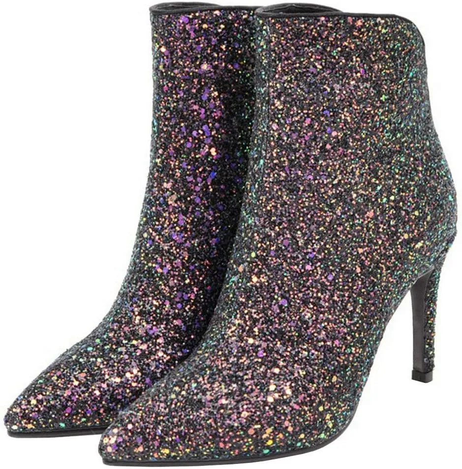LUXMAX Womens Glitter Kitten Heel Boots Pointed Toe Zipper Ankle Booties