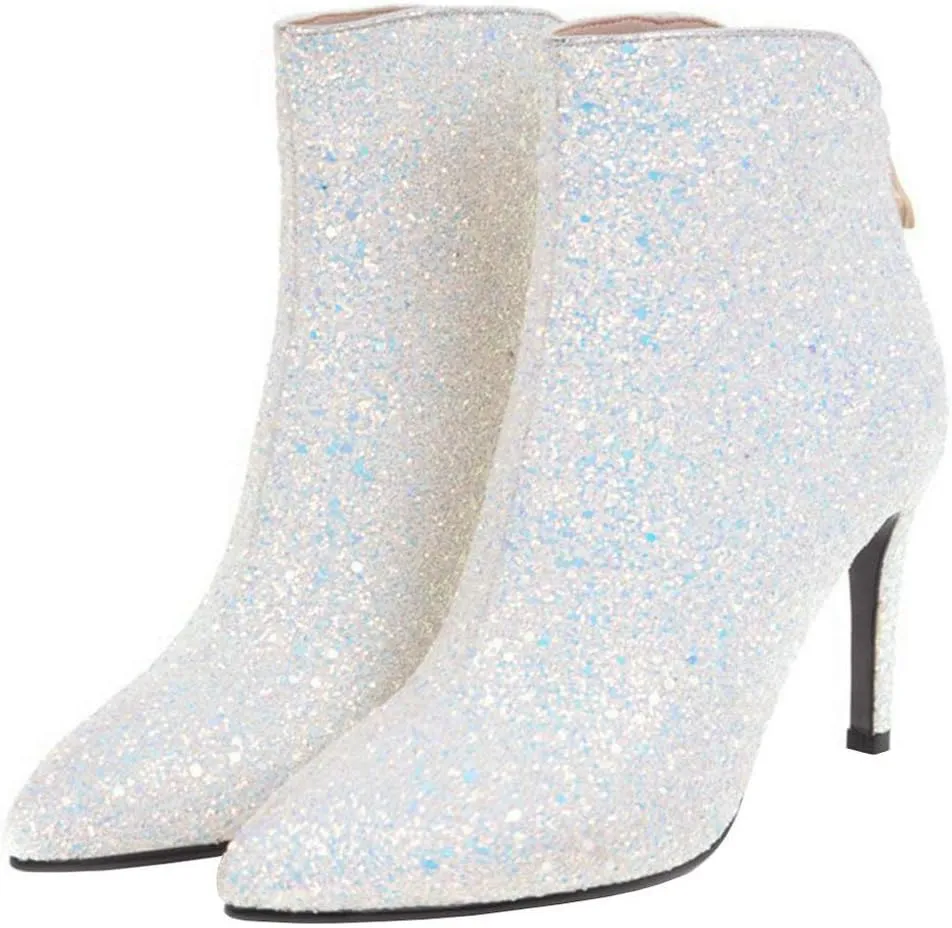 LUXMAX Womens Glitter Kitten Heel Boots Pointed Toe Zipper Ankle Booties