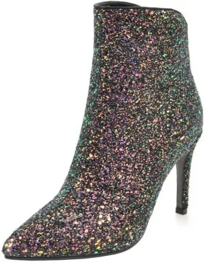 LUXMAX Womens Glitter Kitten Heel Boots Pointed Toe Zipper Ankle Booties