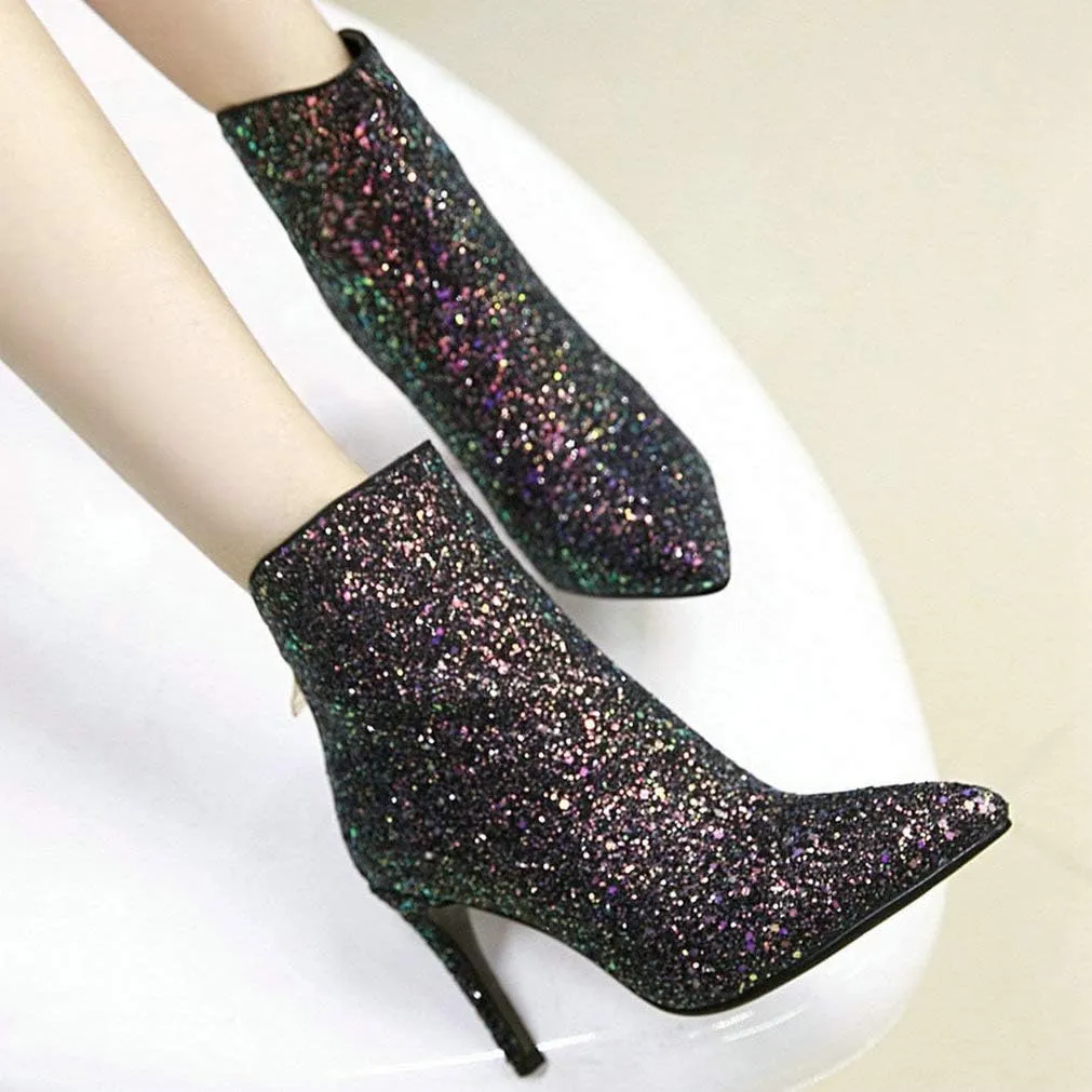 LUXMAX Womens Glitter Kitten Heel Boots Pointed Toe Zipper Ankle Booties