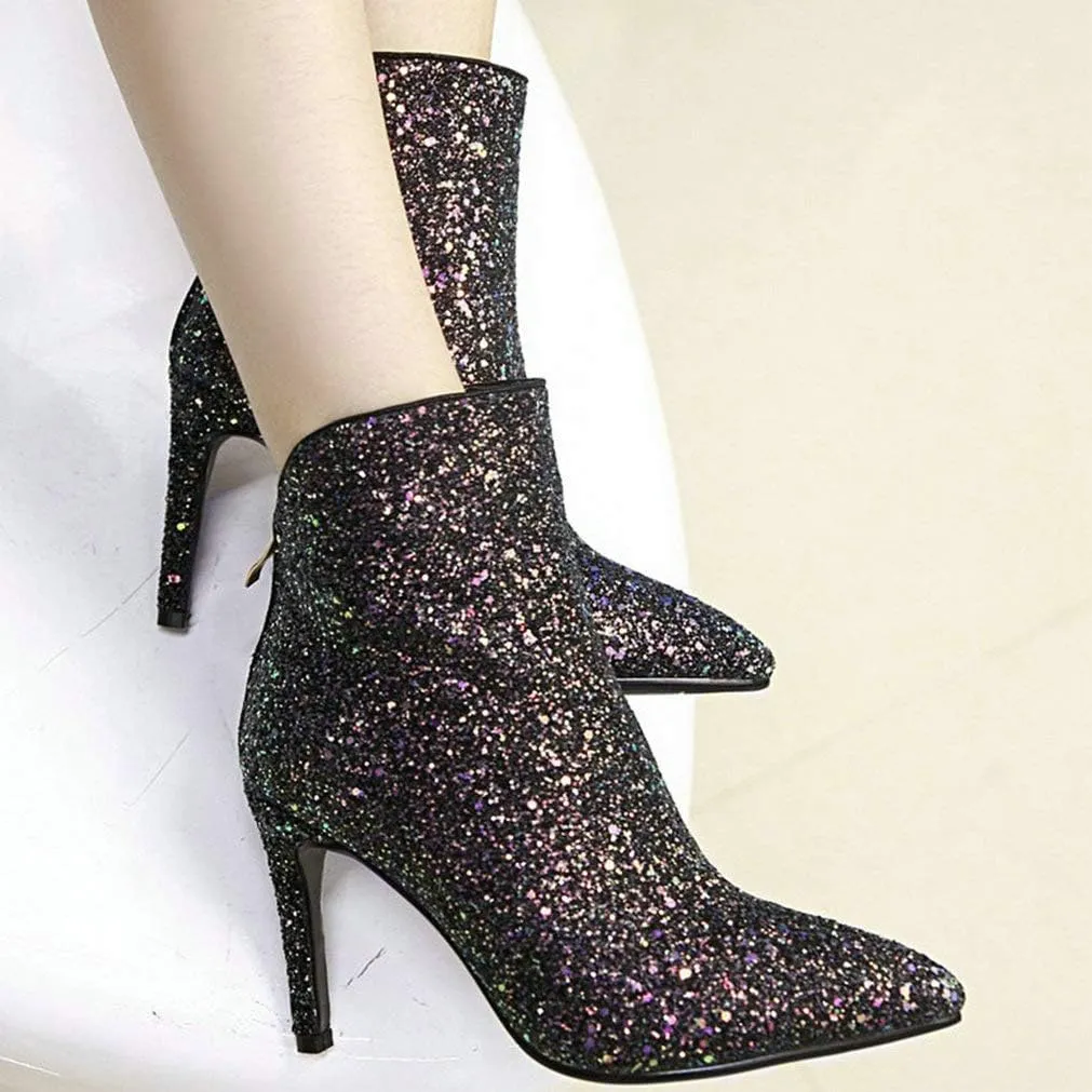 LUXMAX Womens Glitter Kitten Heel Boots Pointed Toe Zipper Ankle Booties