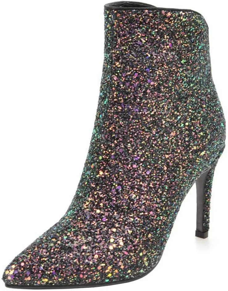 LUXMAX Womens Glitter Kitten Heel Boots Pointed Toe Zipper Ankle Booties