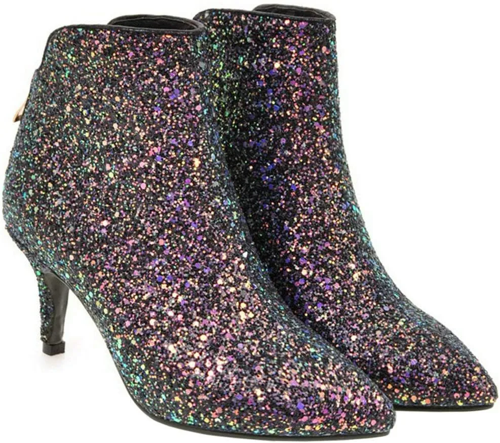 LUXMAX Womens Glitter Kitten Heel Boots Pointed Toe Zipper Ankle Booties
