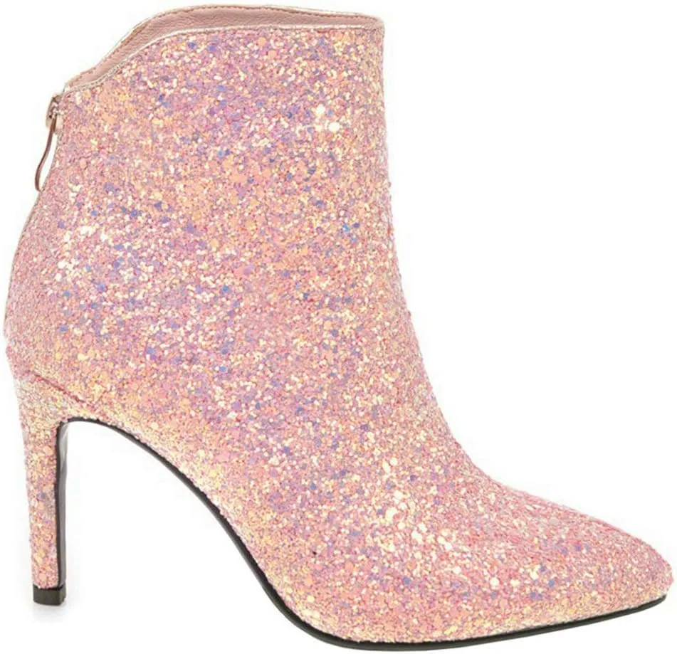 LUXMAX Womens Glitter Kitten Heel Boots Pointed Toe Zipper Ankle Booties