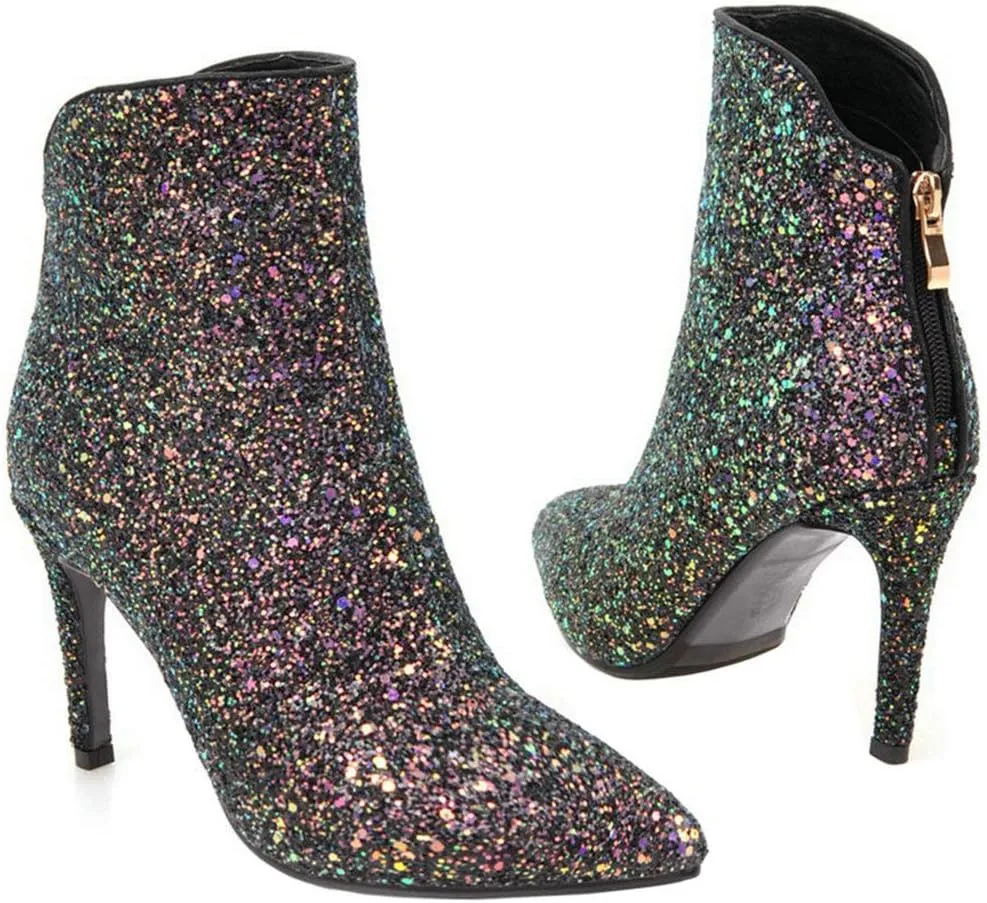LUXMAX Womens Glitter Kitten Heel Boots Pointed Toe Zipper Ankle Booties