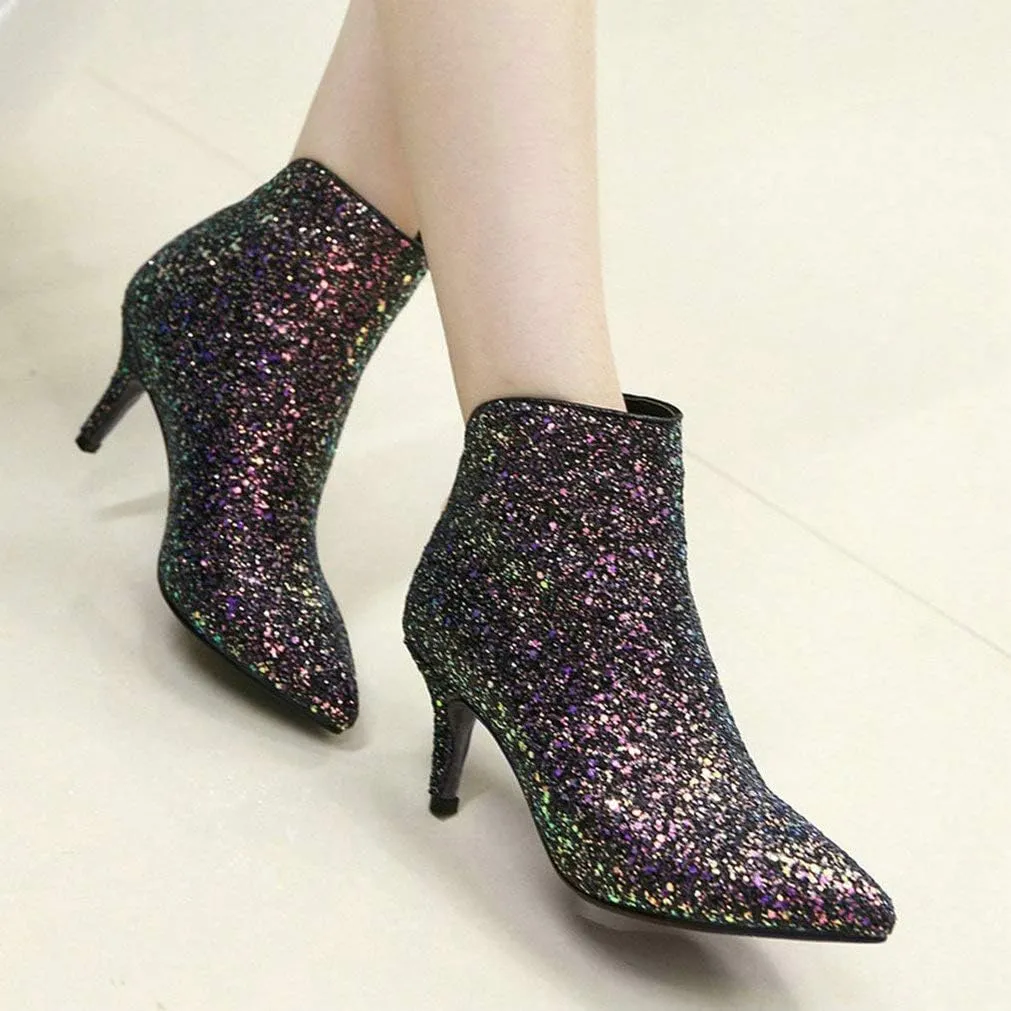 LUXMAX Womens Glitter Kitten Heel Boots Pointed Toe Zipper Ankle Booties