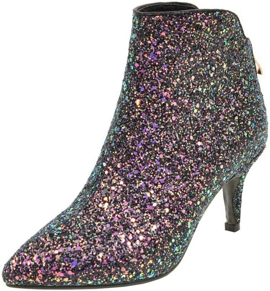 LUXMAX Womens Glitter Kitten Heel Boots Pointed Toe Zipper Ankle Booties