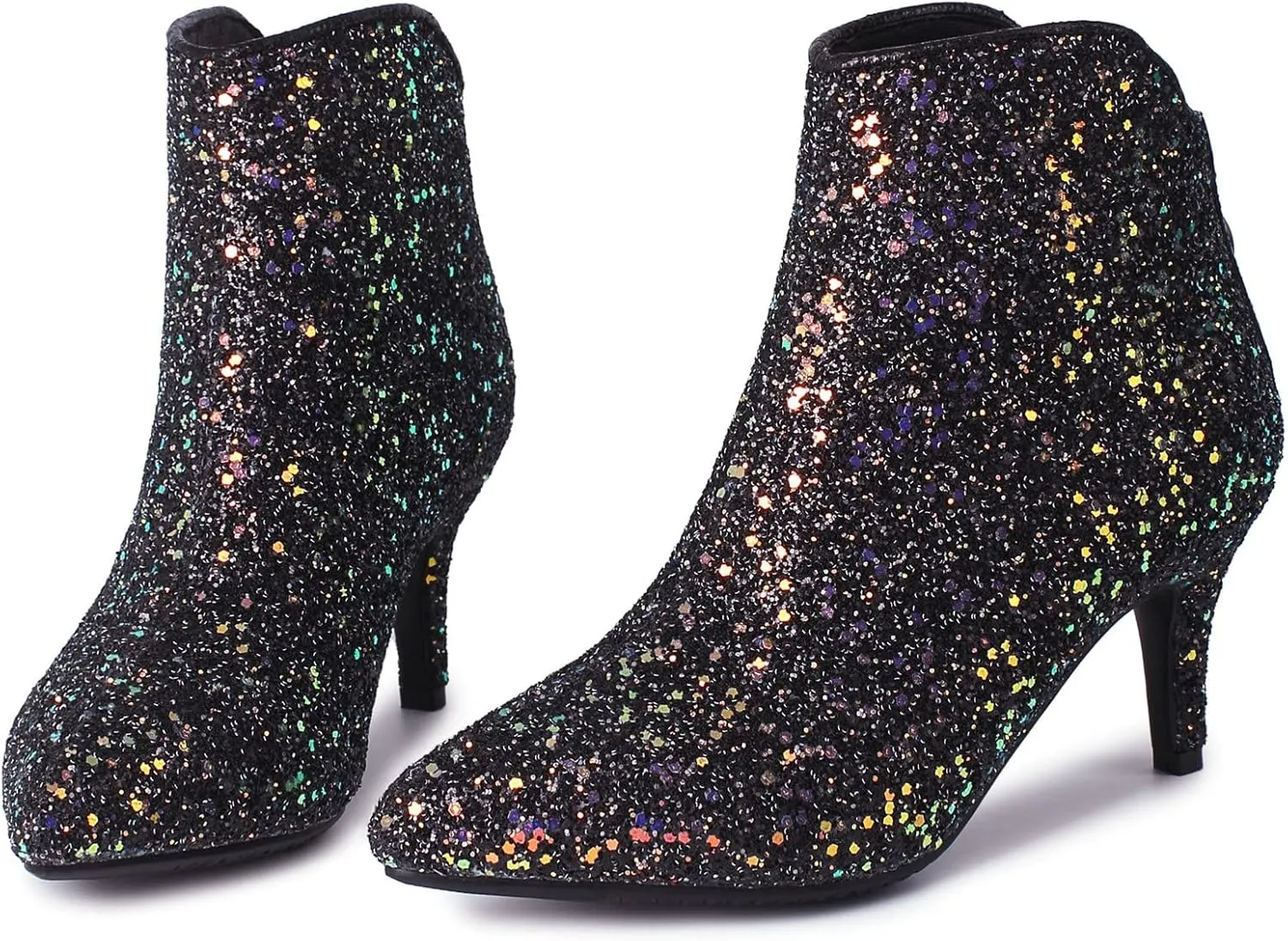 LUXMAX Womens Glitter Kitten Heel Boots Pointed Toe Zipper Ankle Booties