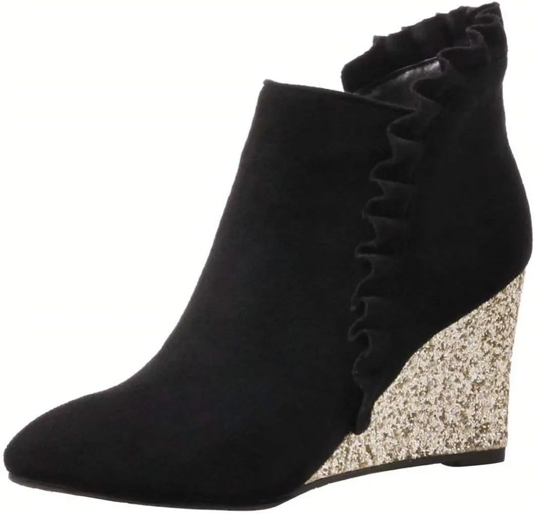 LUXMAX Womens Ruffle Glitter Wedge High Heel Booties Pointed Toe Zipper Ankle Boots