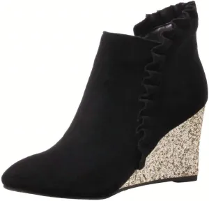 LUXMAX Womens Ruffle Glitter Wedge High Heel Booties Pointed Toe Zipper Ankle Boots
