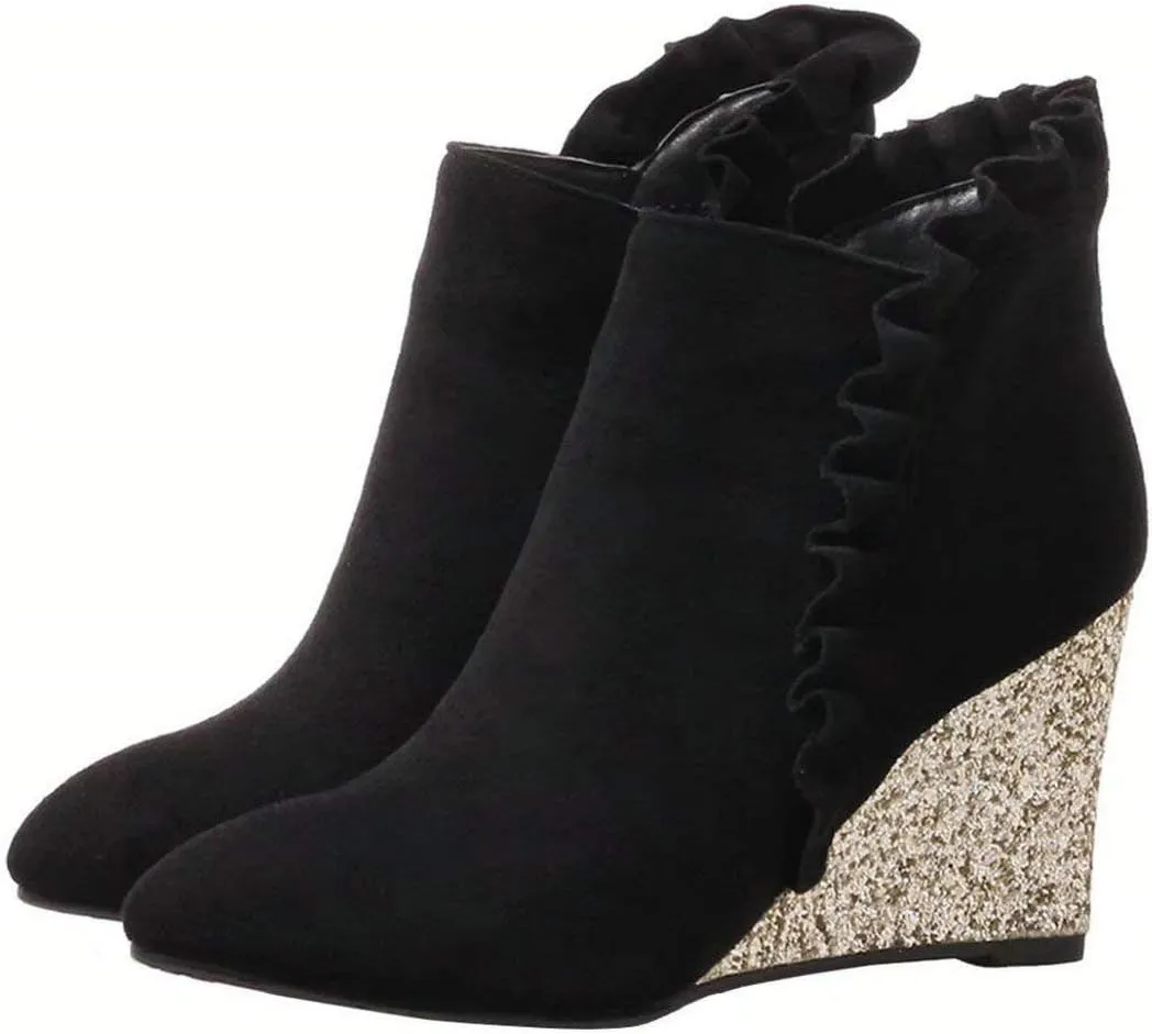 LUXMAX Womens Ruffle Glitter Wedge High Heel Booties Pointed Toe Zipper Ankle Boots