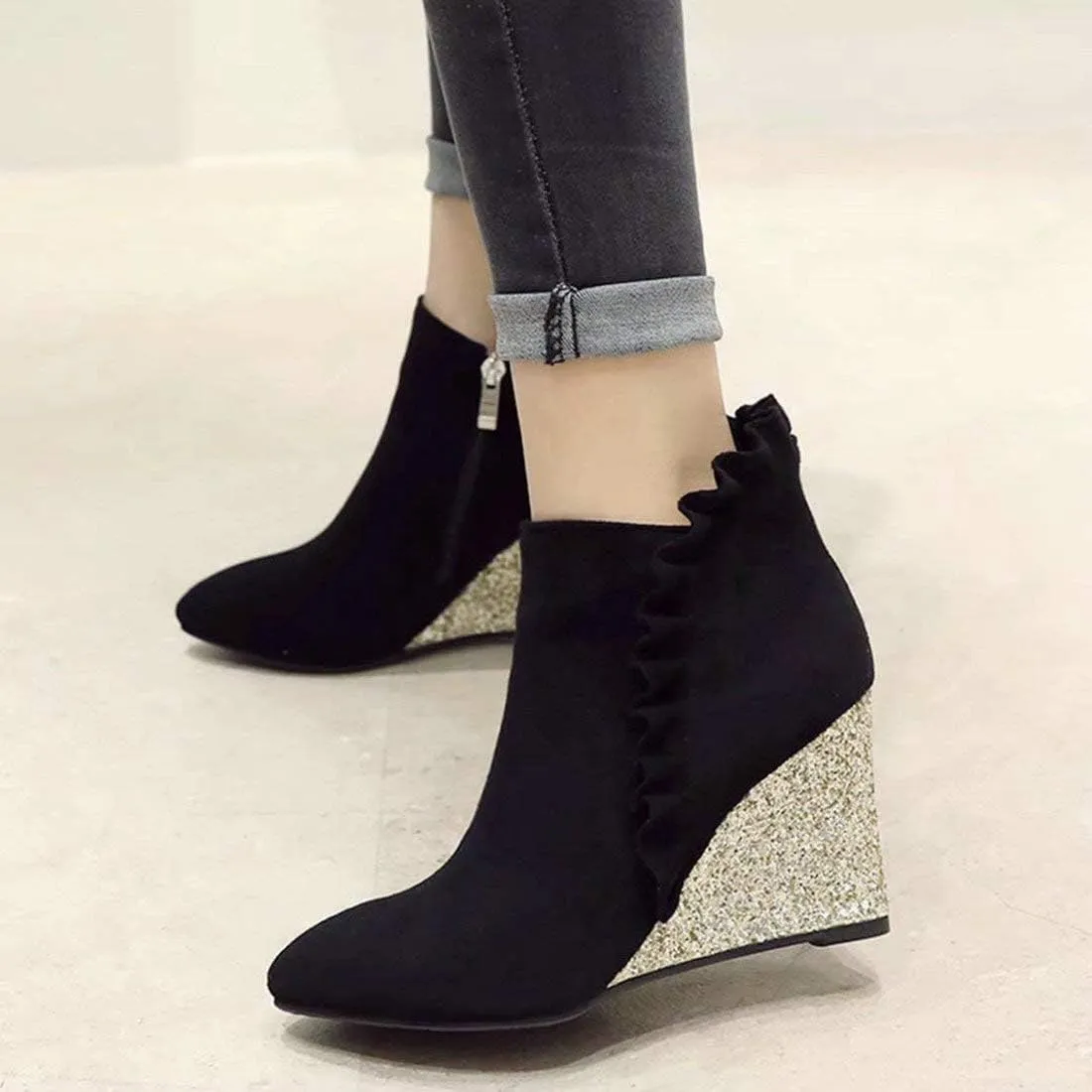 LUXMAX Womens Ruffle Glitter Wedge High Heel Booties Pointed Toe Zipper Ankle Boots