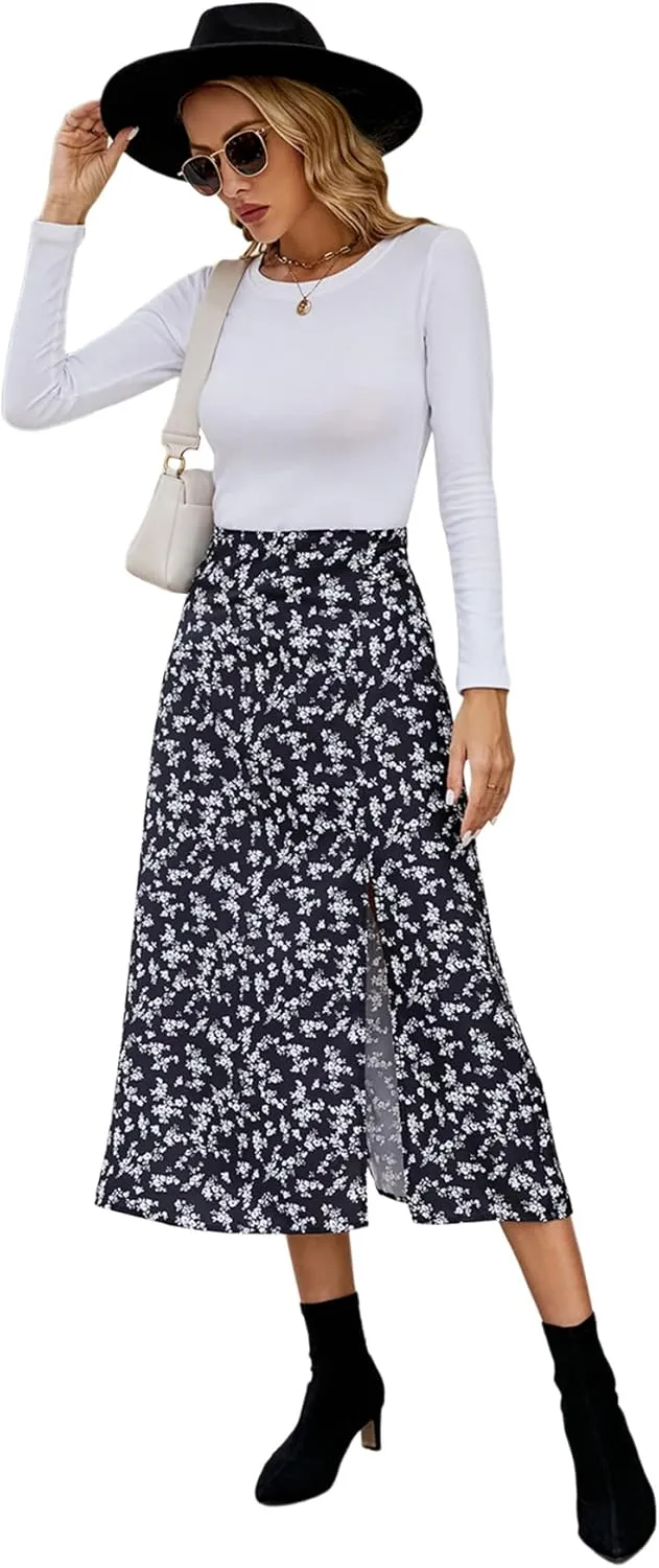 LYANER Women's Casual Boho Printed High Waist Side Split Hem Zipper Midi Skirt