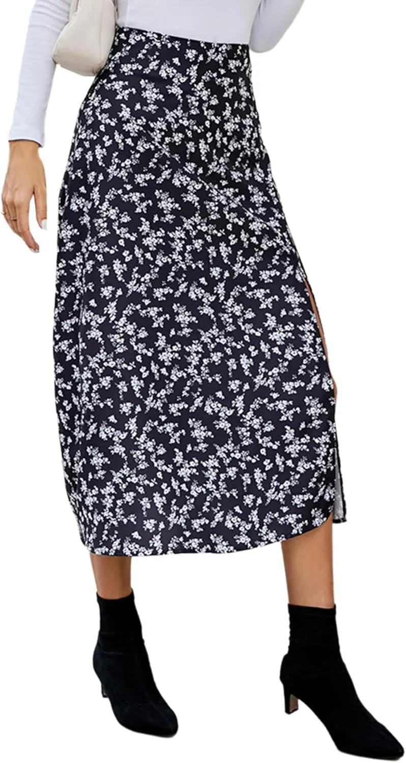 LYANER Women's Casual Boho Printed High Waist Side Split Hem Zipper Midi Skirt