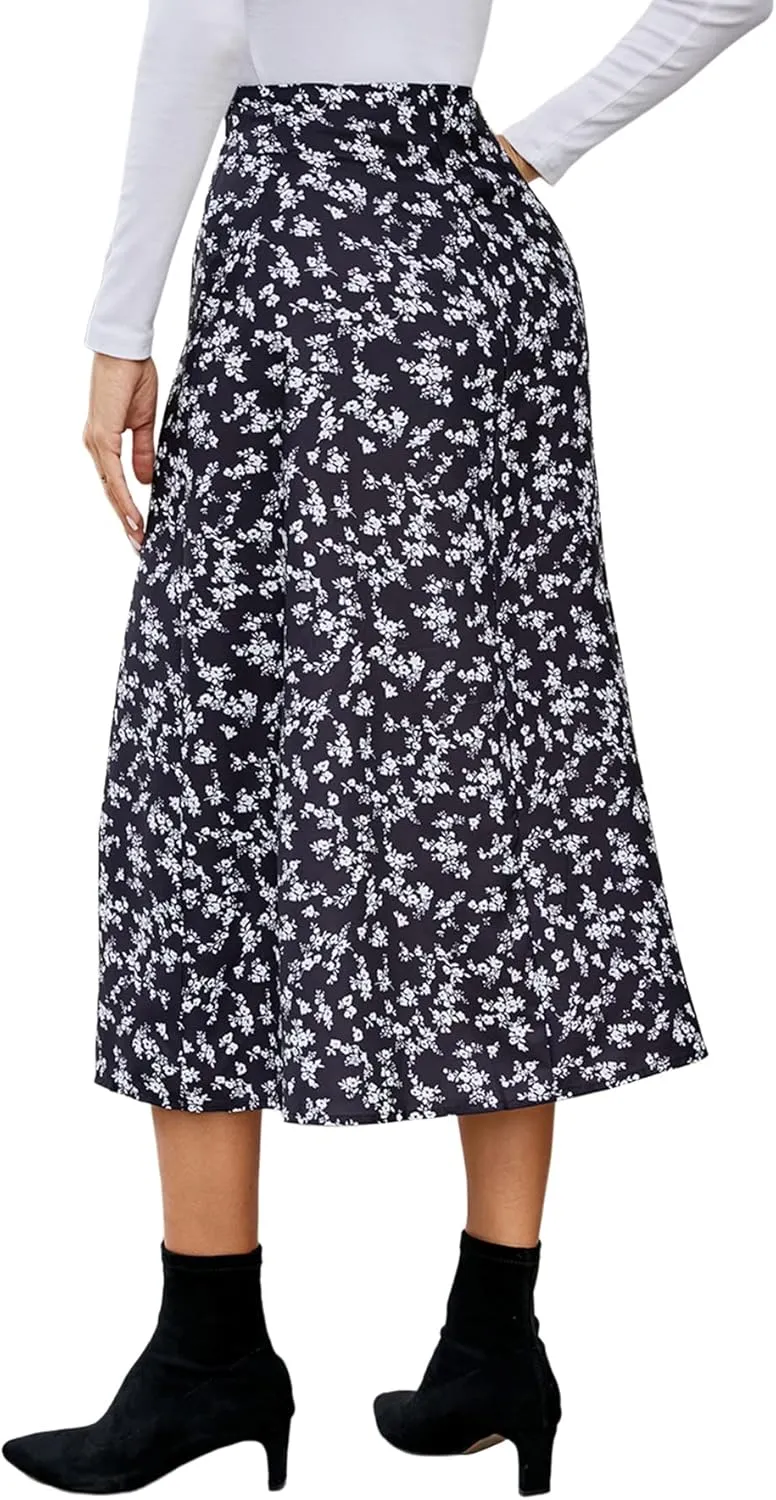LYANER Women's Casual Boho Printed High Waist Side Split Hem Zipper Midi Skirt