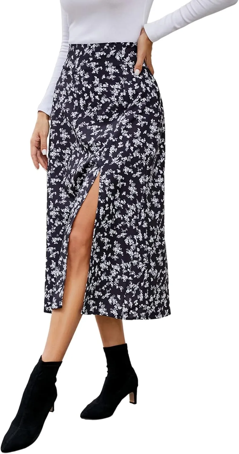 LYANER Women's Casual Boho Printed High Waist Side Split Hem Zipper Midi Skirt