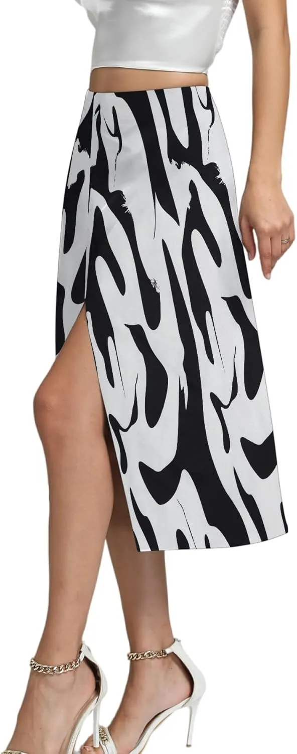 LYANER Women's Casual Boho Printed High Waist Side Split Hem Zipper Midi Skirt