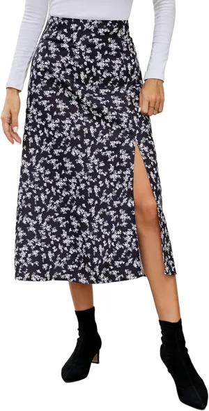 LYANER Women's Casual Boho Printed High Waist Side Split Hem Zipper Midi Skirt
